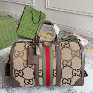 Gucci Jumbo GG Large Duffle Bag Camel Canvas Ebony Calfskin - Original Quality