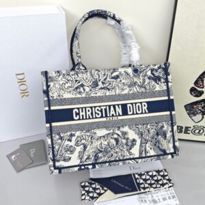 Medium Dior Book Tote Ecru and Blue Toile de Jouy Embroidery
